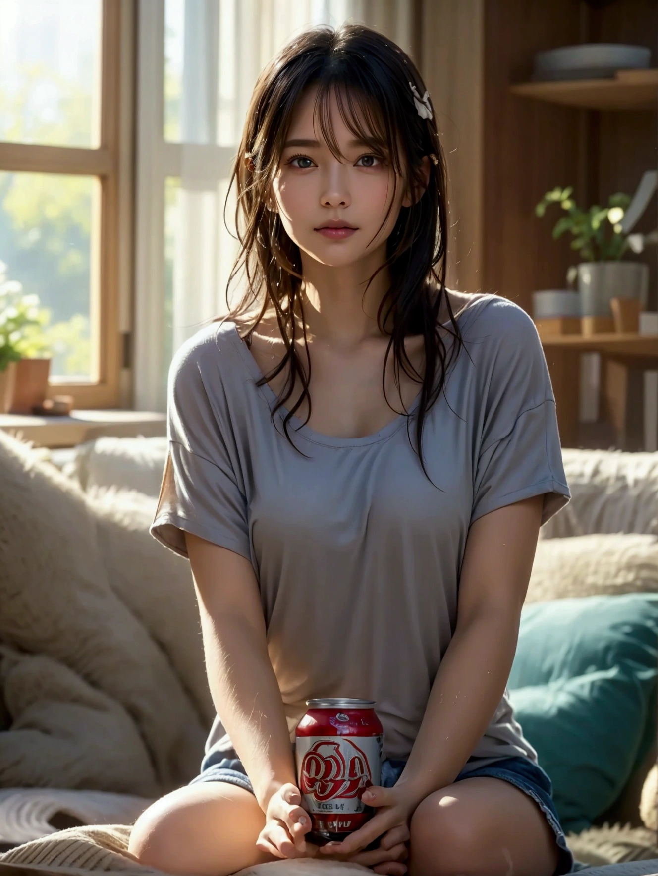 A casual and relaxed scene featuring a beautiful woman fresh out of the bath, her wet hair being gently dried with a towel. She is dressed in an oversized T-shirt and short shorts, embodying a comfortable, laid-back vibe. The woman is holding a can of beer in one hand, enjoying the moment in a cozy living room setting. The background includes soft, warm lighting and homey furnishings, contributing to the relaxed atmosphere. The overall image captures a sense of tranquility and simplicity, focusing on the everyday beauty of a quiet, personal moment.