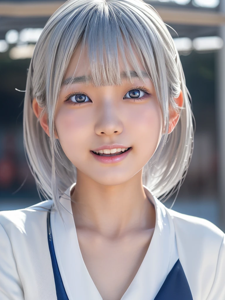 NSFW,Correct human anatomy、(a ultra cute beautiful Japanese girl wearing highschool white uniform:1.75),(charming smile:1.25),large clear light blue eyes,droppy eyes,balanced eyes,transparent white skin,(silver hair:1.5),photorealistic, 8k, ultra-detailed, masterpiece, realistic, vivid colors, beautiful detailed eyes, beautiful detailed lips, extremely detailed face, intricate details, hyper realistic, cinematic lighting, dramatic shadows, stunning composition, intense atmosphere, highly detailed skin, exquisite facial features, volumetric lighting, raytraced global illumination, physically-based rendering, professional digital art,high resolution fix,(sexual climax:1.5)