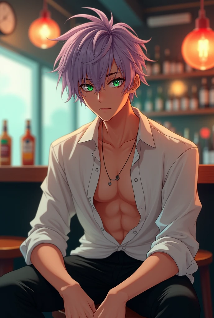 A handsome Japanese teenager. Short and messy lilac hair color. Light green eyes. tanned skin. Wears a white open shirt and black pants. elongate. Sat on a bar. 