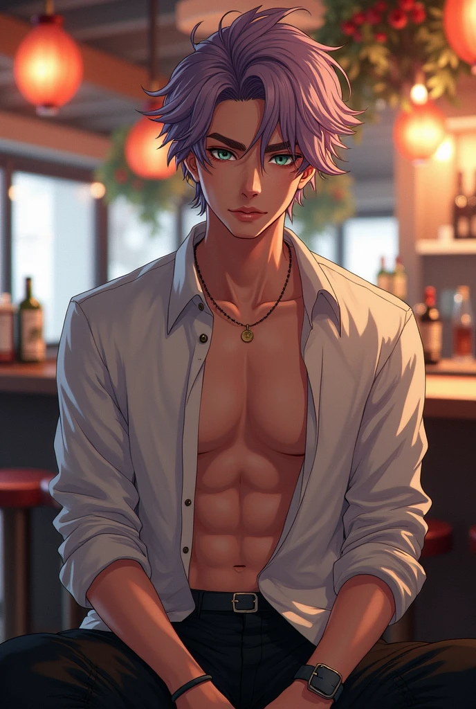 A handsome Japanese teenager. Short and messy lilac hair color. Light green eyes. tanned skin. Wears a white open shirt and black pants. elongate. Sat on a bar. 