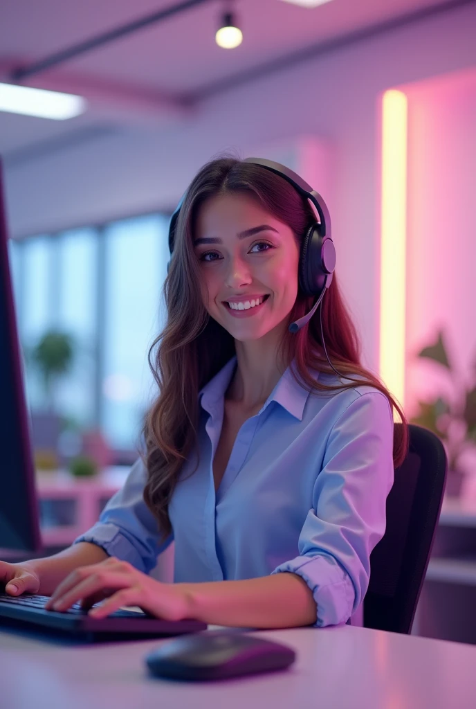 Call center agent calling using headset, face focus front, smiling, happy talking to customer,
half body, inside the office violet and white theme. Make it like poster