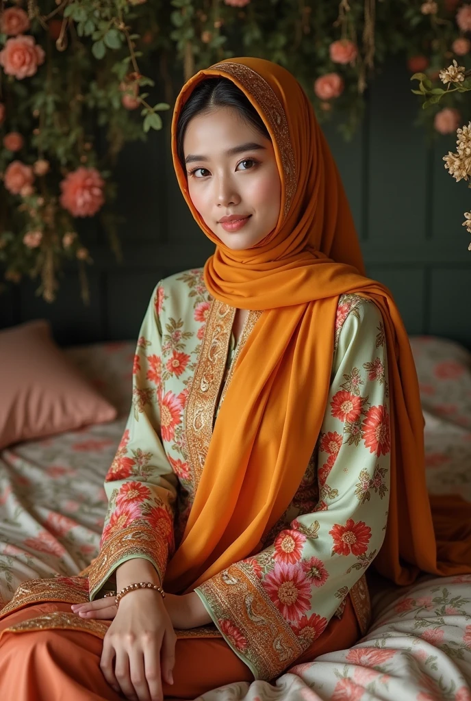 malaysian hot hijab girl with floral baju kurung sit on floral bed
