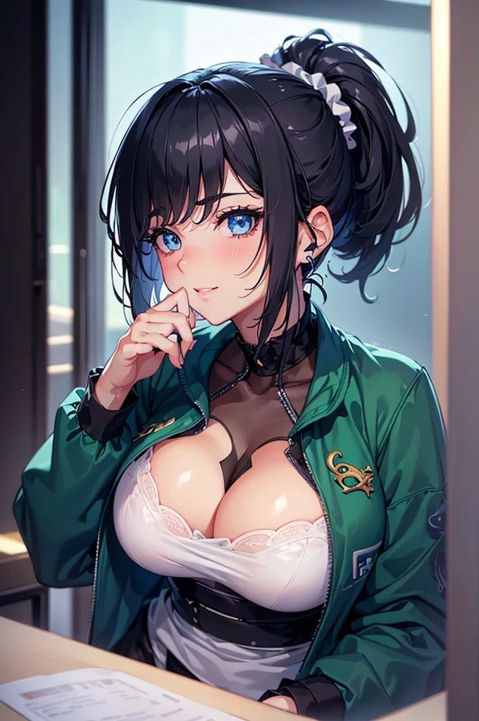 ((short hair, Highest quality, High resolution, Hmph, Pixel perfect, 4K, Hmph, Hmph))), One Girl, single, alone, Beauty、 (( bangs, Black Hair、ponytail、Scrunchie)), ((Big blue eyes, Beautiful eyelashes, Realistic eyes、Double)), ((Detailed smile, )), ((Smooth texture:0.75, Realistic texture:0.65, Realistic:1.1, Anime CG style)), Big Breasts, Perfect body, green spencer jacket、pants、Hide your fingers