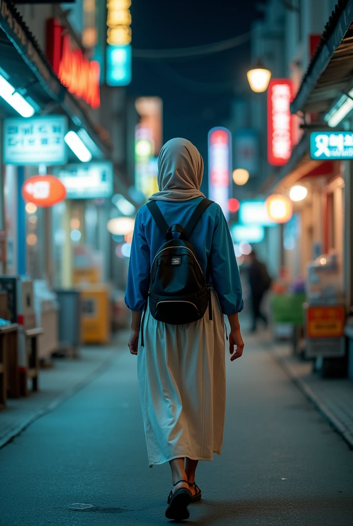 Candid photography (Back view) A woman wears a faded cream colored hijab, blue long-sleeved shirt, backpack, long cream colored skirt, and sandals. I was walking and looking at the shops in Itaewon Korea at night. Cyberpunk vibes