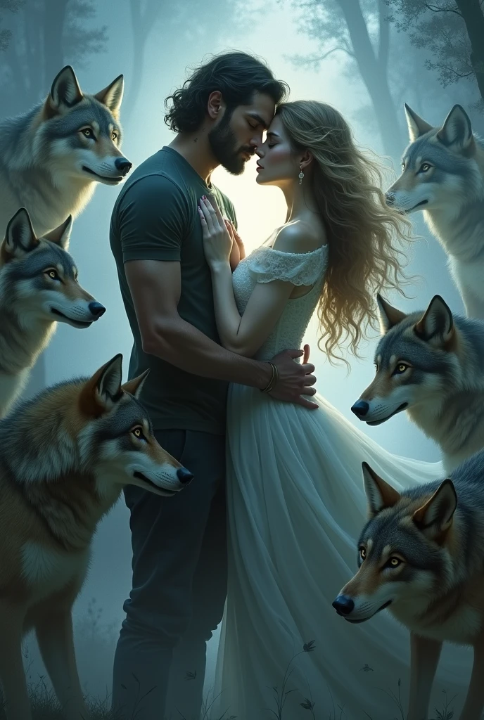 love story, handsome couple dark man, beautiful woman and in the middle of the couple a with wolves around
