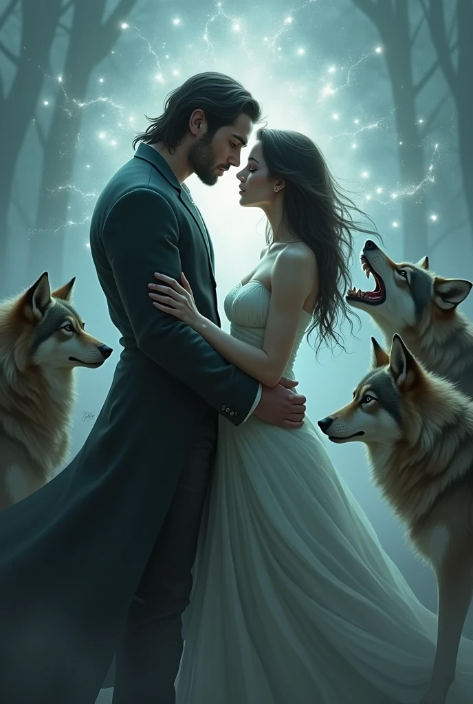 love story, handsome couple dark man, beautiful woman and in the middle of the couple a with wolves around