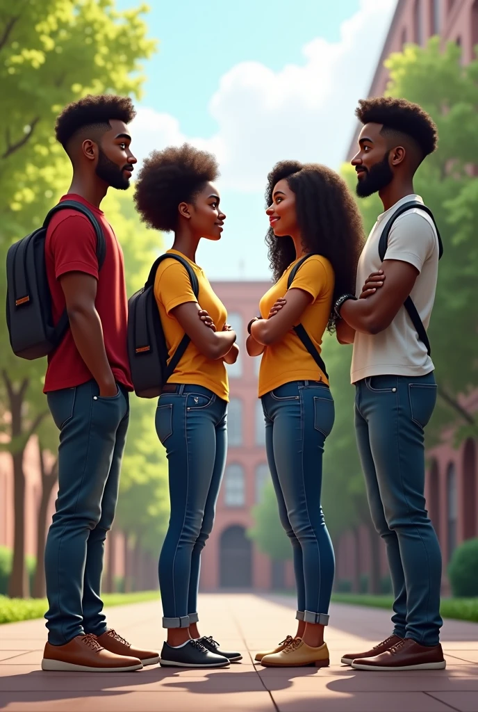 Two mature black boys and two mature black girls in a university background. The two boys are properly casually dressed. The two girls are crossing their arms.