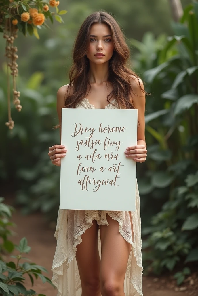 Beautiful naked girl with wavy long hair, bohemian dress, holding a white board with text "I Love Seaart Infinity" and showing it to the viewer