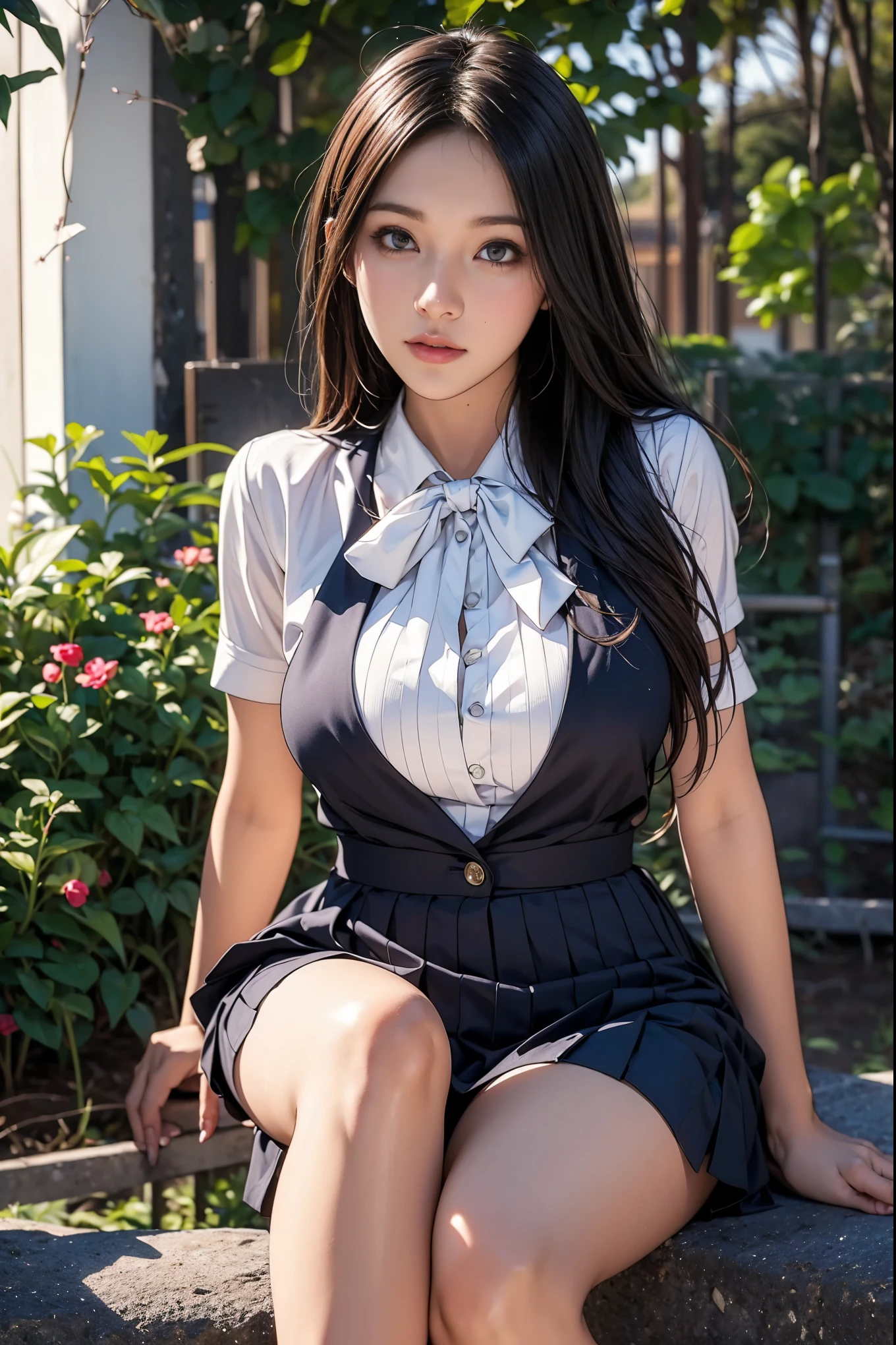 best quality, perfect face, intricate, beautiful scenery, ultra realistic 8k CG,perfect artwork, 1girl, nanami, medium breasts, beautiful skin, beautiful legs, beautiful face, beautiful body, high school uniform, white blouse, outdoor, school garden, depth of field, looking at viewer,