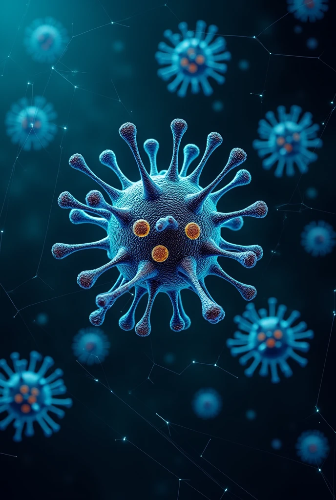 Make me a presentation cover for a work on viral biotechnology with the names Miguel Gustavo and Henrique in the image