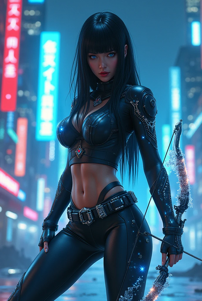 Woman, blue eyes, black hair, cuberpunk costume, ice bow in hand cuberpunk.
