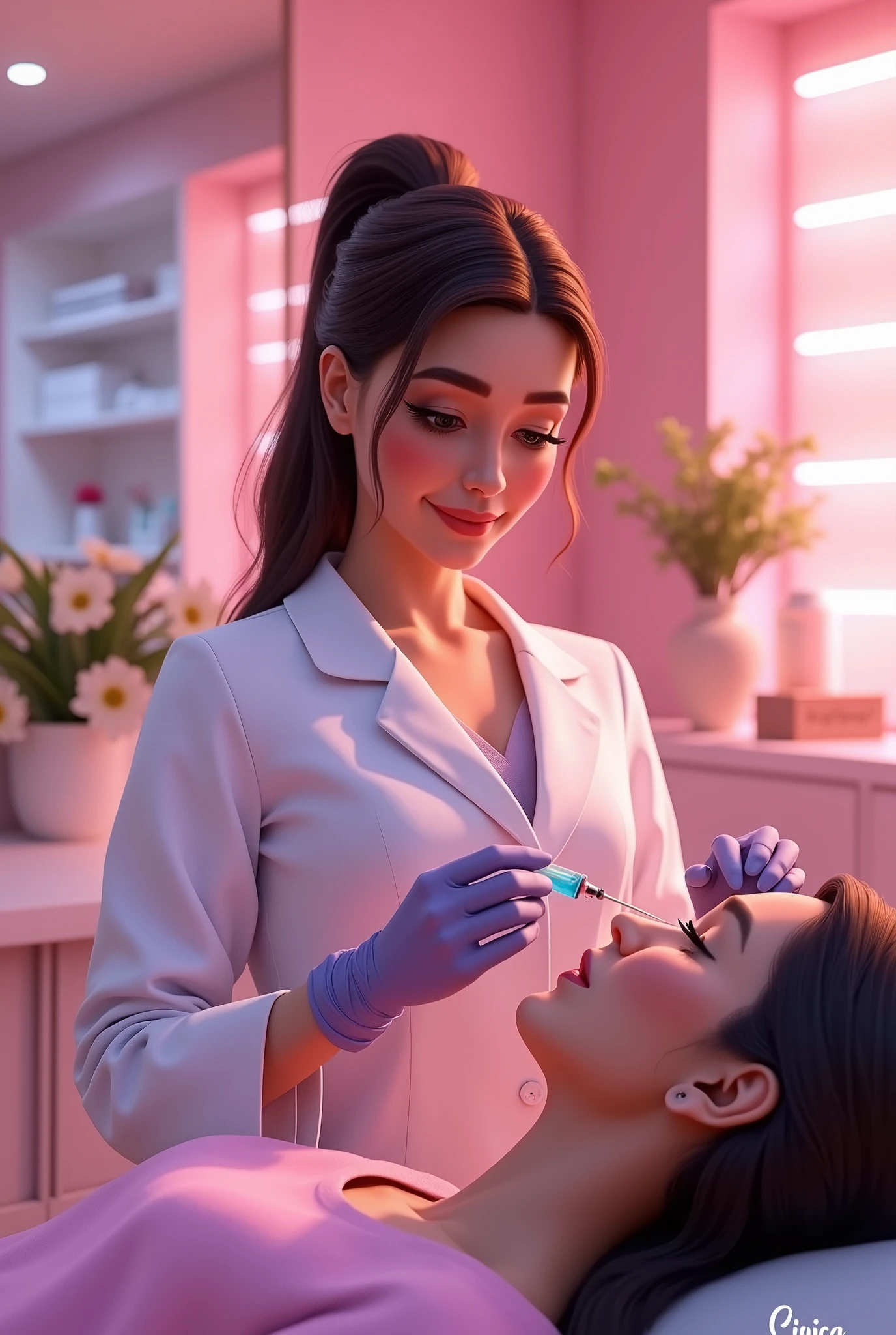 3D Disney Pixar Style, A beautiful female beautician, Botox application on a patient in the office, Clínica Beauty Studio, Stylish medical lab coat, smiling, Holding a syringe and a medical instrument, whole body, ultra quality, swirly vibrant colors, Venue with good lighting.