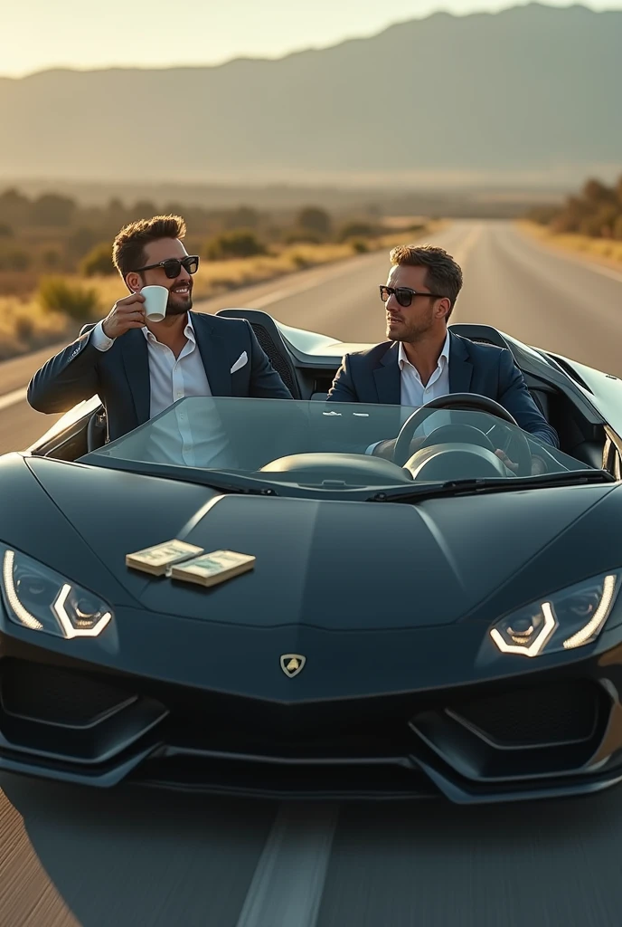 Men Sitting in a Lamborghini spyder having one hand on the staring and having coffee in other hand and on the having 1000 bundles of money on co-pilot seat.
