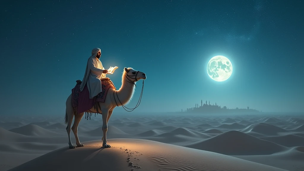 featuring the Imam in a traditional robe, riding a majestic white camel under a starlit sky. The Imam's face is illuminated by the moonlight, with ancient scrolls visible in his hand, hinting at secrets of the past. Sand dunes stretch into the distance, with a distant silhouette of an ancient city. 