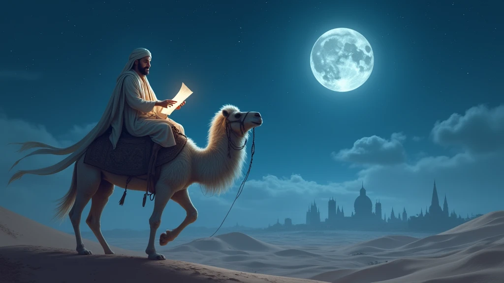 featuring the Imam in a traditional robe, riding a majestic white camel under a starlit sky. The Imam's face is illuminated by the moonlight, with ancient scrolls visible in his hand, hinting at secrets of the past. Sand dunes stretch into the distance, with a distant silhouette of an ancient city. 