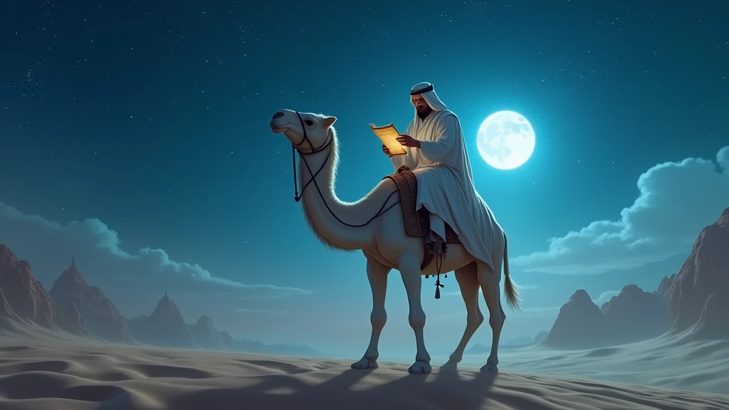 featuring the Imam in a traditional robe, riding a majestic white camel under a starlit sky. The Imam's face is illuminated by the moonlight, with ancient scrolls visible in his hand, hinting at secrets of the past. Sand dunes stretch into the distance, with a distant silhouette of an ancient city.