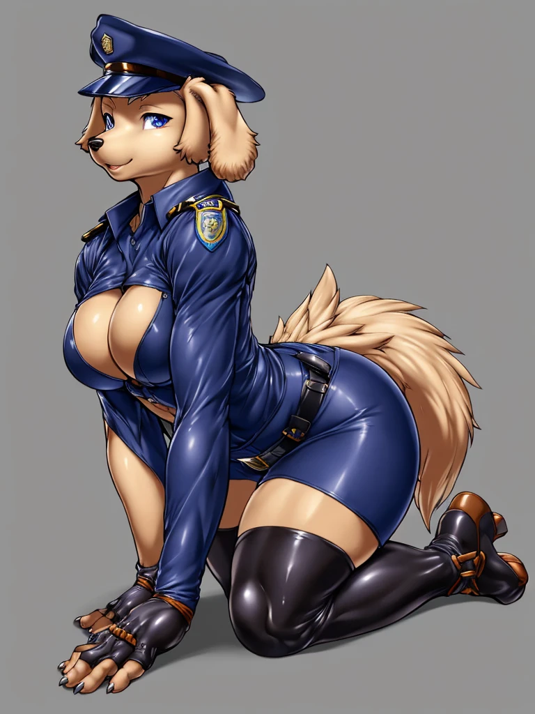 best quality,((dog)),(all fours),furry female anthro,HD,sharp,beautiful and detailed,woman ((anthro)),1girl,Milf, mature woman,(look at viewer) ,(perfect eyes),(Chase),by dr comet,by pochincoff, by jlullaby,by kingbang,by obui,by ZeroQrisu,by sparrow,by gmeen,police outfit,sexy outfit, seductive eyes,((simple background)),(gray background),