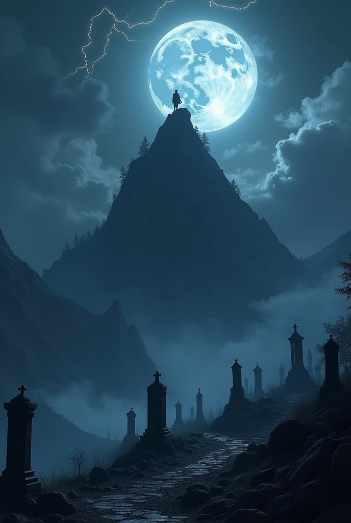 Three grave yard on top of a mountain while zeus is looking from the sky and its night time and there thunder