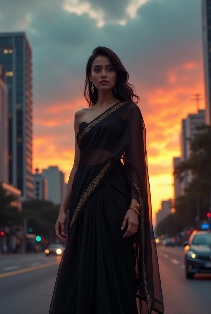 Creat a beautiful woman in black saree is standing in the street and the cloud colour is blue and orange red