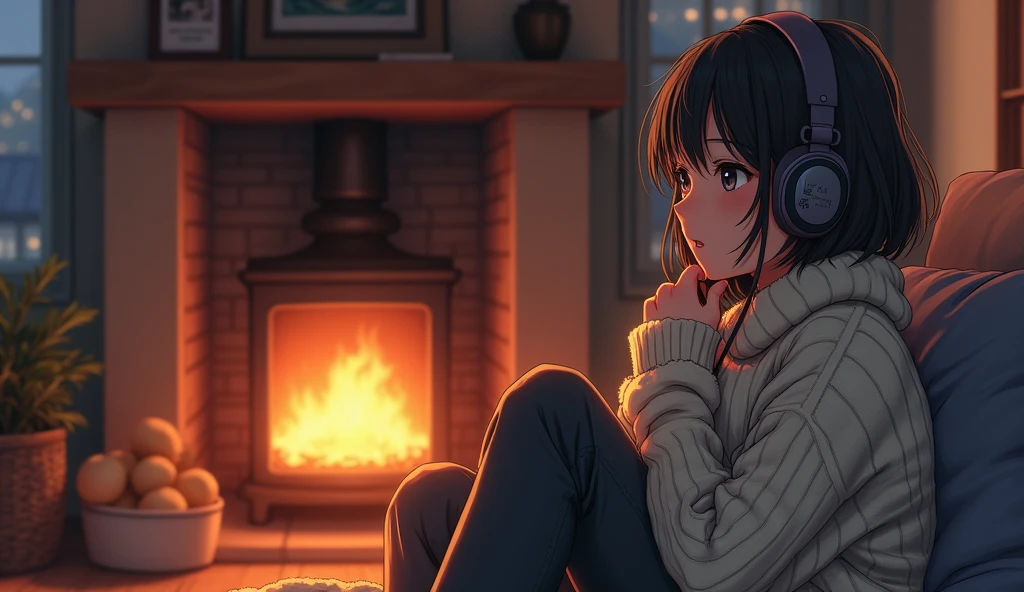 Perfect image, 8k、winter、high school girl、sweater、Long trousers、Using headphones、fireplace、 2D-style animation, Lo-Fi、Retro、Emotional、Anime style illustrations