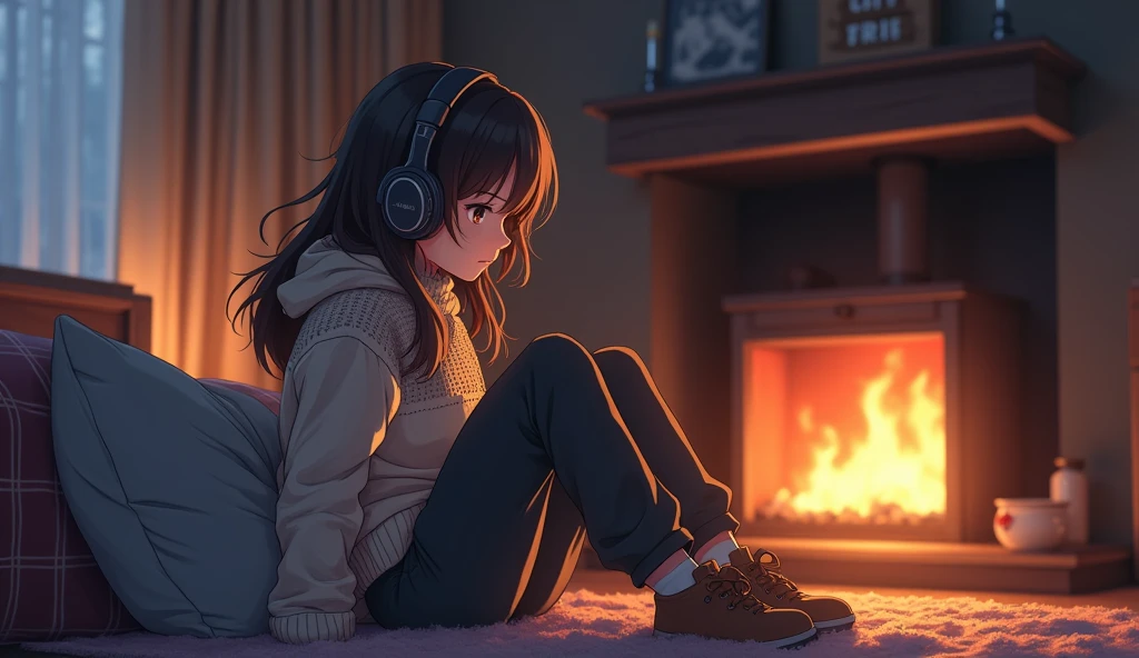 Perfect image, 8k、winter、high school girl、sweater、Long trousers、Using headphones、fireplace、 2D-style animation, Lo-Fi、Retro、Emotional、Anime style illustrations