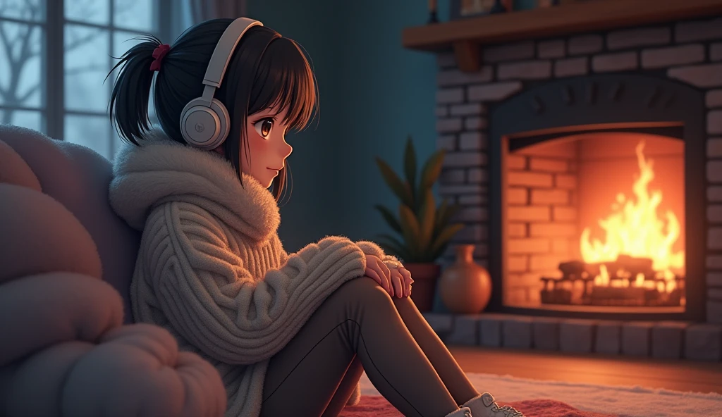 Perfect image, 8k、winter、high school girl、sweater、Long trousers、Using headphones、fireplace、 2D-style animation, Lo-Fi、Retro、Emotional、Anime style illustrations
