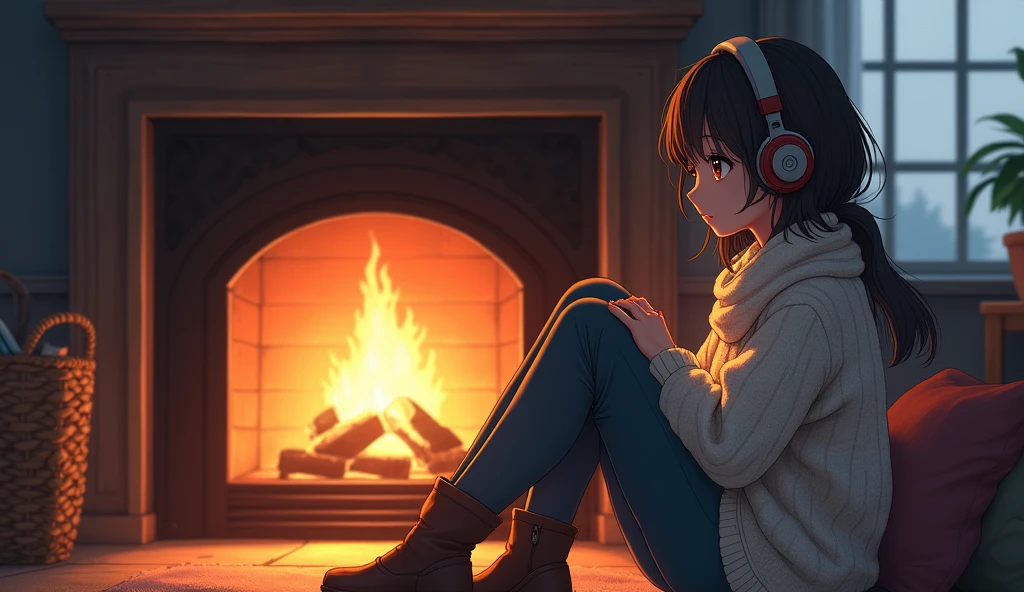 Perfect image, 8k、winter、high school girl、sweater、Long trousers、Using headphones、fireplace、 2D-style animation, Lo-Fi、Retro、Emotional、Anime style illustrations