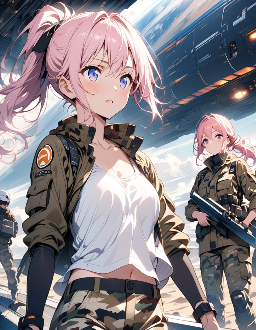 anime、Pink Hair、ponytail、Near future、Boarding a spaceship、White tank top、Camouflage jacket、Camouflage trousers、delicate、Slender、beautiful girl