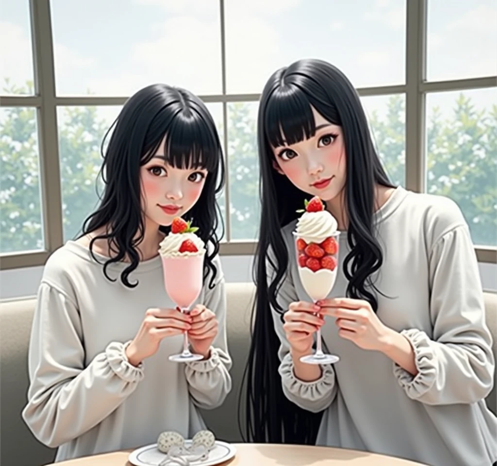 A woman is holding a glass of ice cream and strawberries, Yoshitomo Nara, Ishida Sui with black hair, shinsui ito, shikamimi, Chiho, sakimi chan, Kotegawa Yui, kimi takemura, ayami kojima amano, My motto is Teshirogi, Chiho ashima