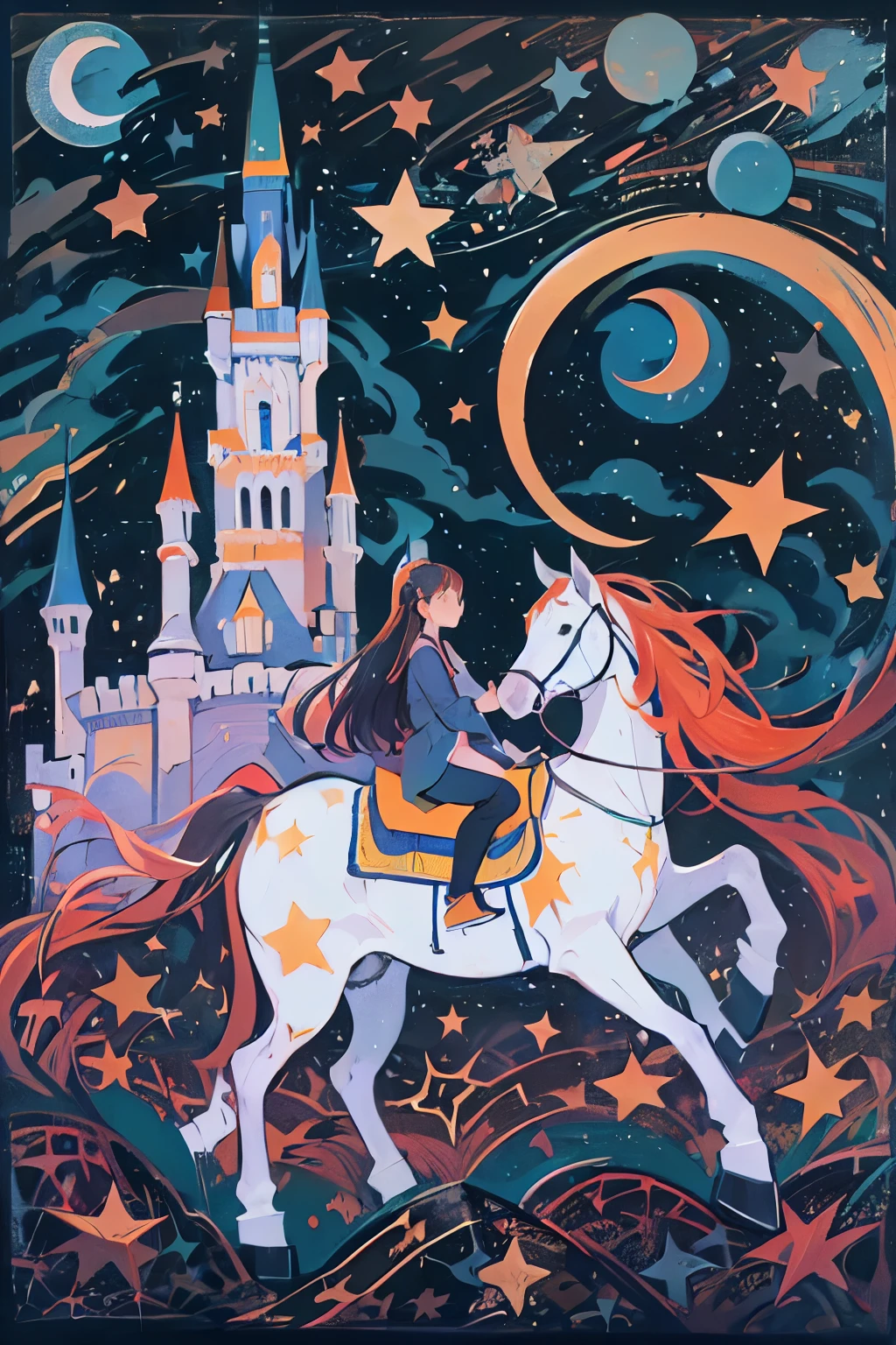 Girl rides the night astride a fantastic animal like a horse. On the ground, The castle looks small, While the stars and crescent moon appear bigger.(Contemporary art like a picture book )(Flat oil painting)(Simplified)(Low saturation)(Crayon outline)(Lots of white space)(Less is more)