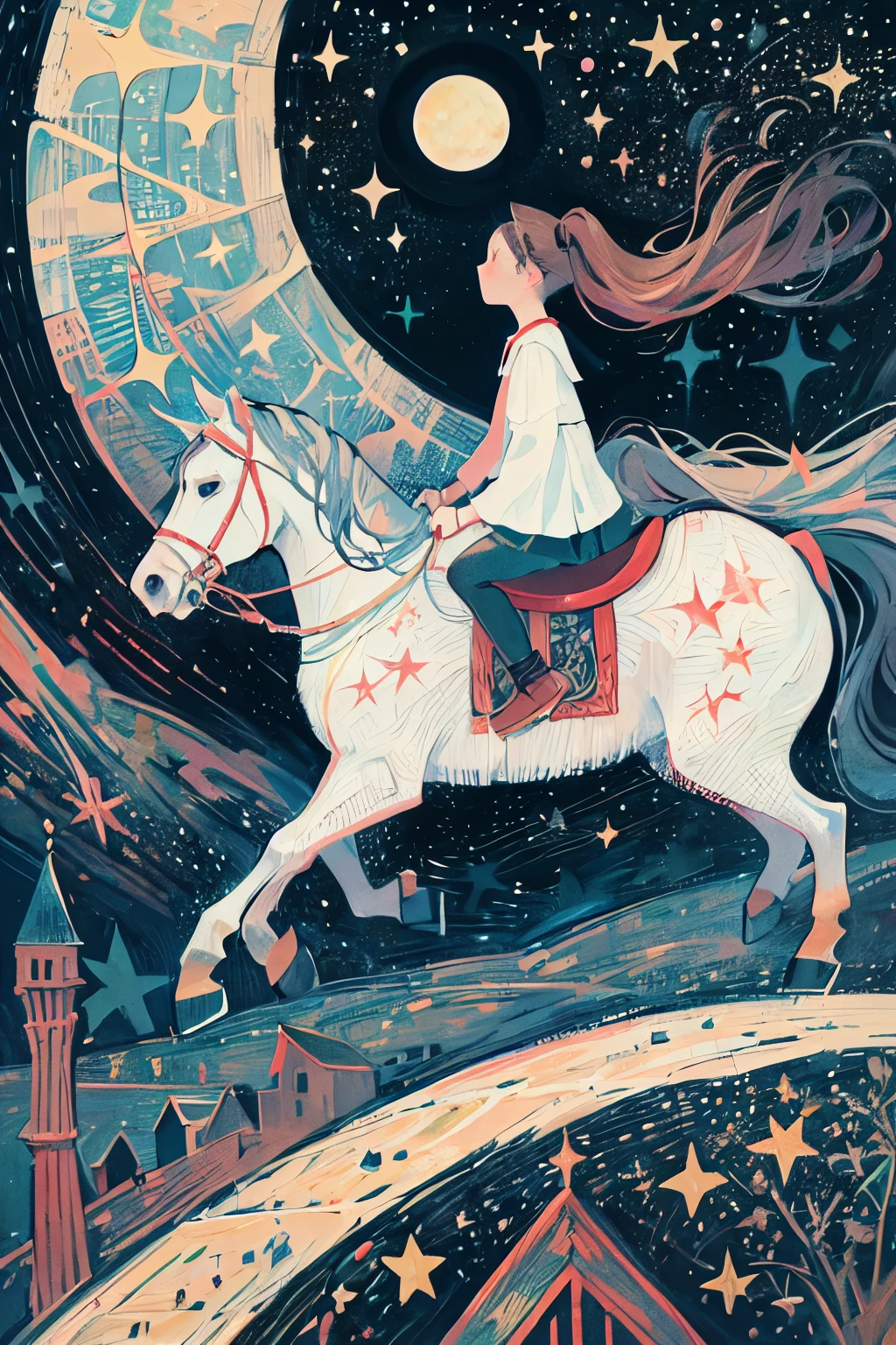 Girl rides the night astride a fantastic animal like a horse. On the ground, The castle looks small, While the stars and crescent moon appear bigger.(Contemporary art like a picture book )(Flat oil painting)(Simplified)(Low saturation)(Crayon outline)(Lots of white space)(Less is more)