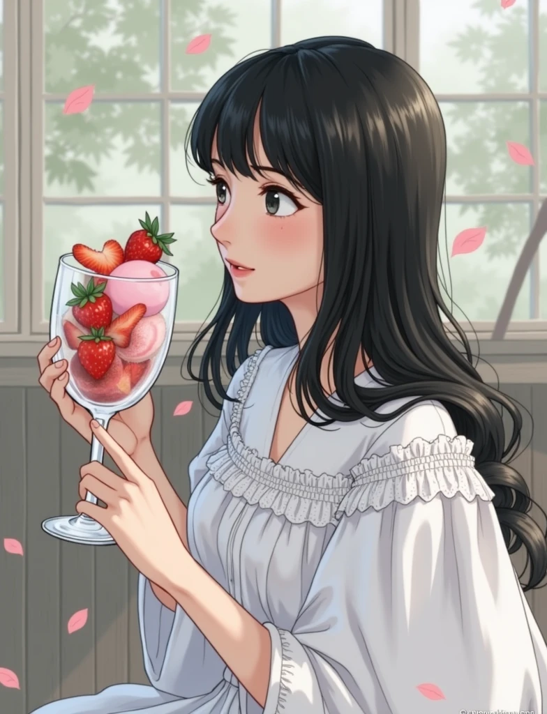 A woman is holding a glass of ice cream and strawberries, Yoshitomo Nara, Ishida Sui with black hair, shinsui ito, shikamimi, Chiho, sakimi chan, Kotegawa Yui, kimi takemura, ayami kojima amano, My motto is Teshirogi, Chiho ashima