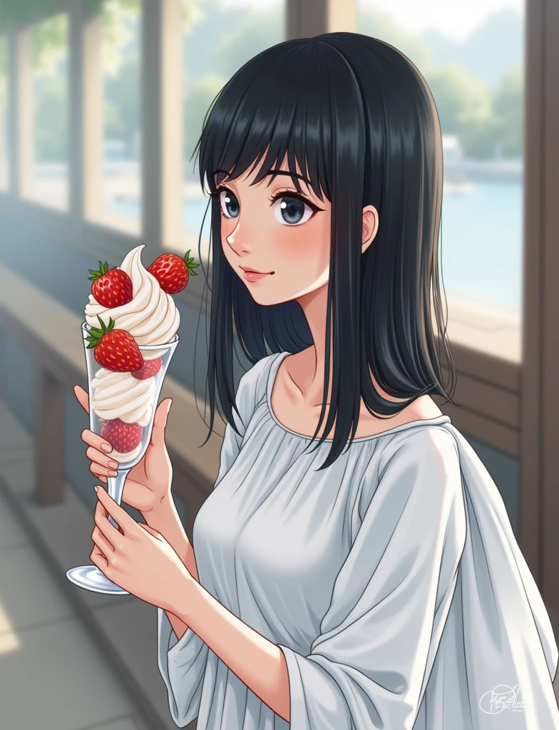 A woman is holding a glass of ice cream and strawberries, Yoshitomo Nara, Ishida Sui with black hair, shinsui ito, shikamimi, Chiho, sakimi chan, Kotegawa Yui, kimi takemura, ayami kojima amano, My motto is Teshirogi, Chiho ashima