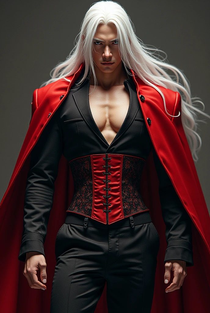 Asian man with long white hair and no beard, wide back, well-built, tall dressed in a red and black corset and a body-hugging dress suit.