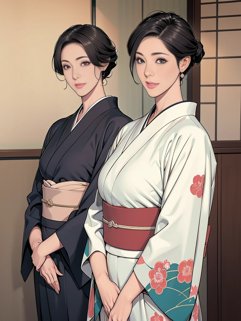 Double,Japanese Wind,Photorealism,detailed,masterpiece,Mature,Gentle short-haired suit men and big-breasted kimono Japanese hairstyle women,Smile,Standing,