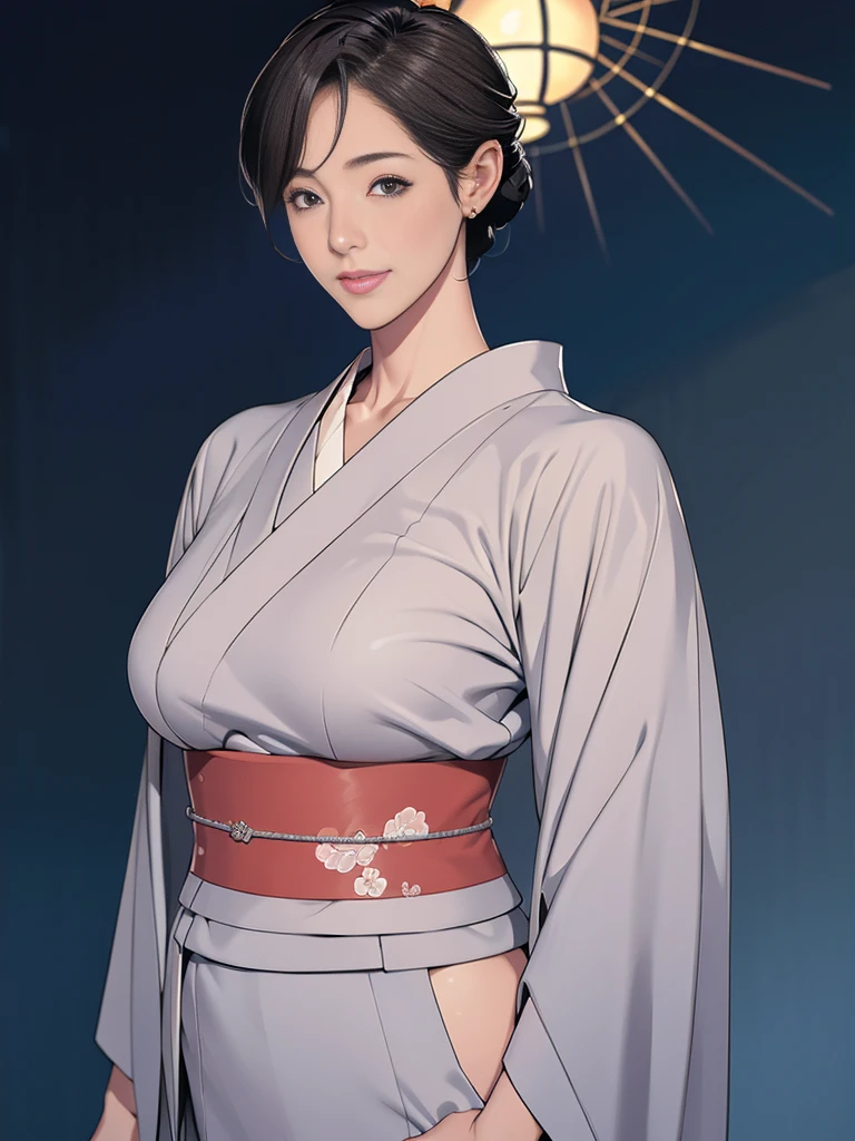 Double，Japanese Wind，Photorealism，detailed，masterpiece，Mature，Gentle short-haired suit men and big-breasted kimono Japanese hairstyle women，Smile，Standing，
