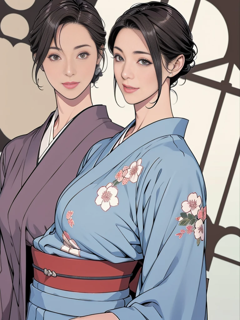 Double,Japanese Wind,Photorealism,detailed,masterpiece,Mature,Gentle short-haired suit men and big-breasted kimono Japanese hairstyle women,Smile,Standing,