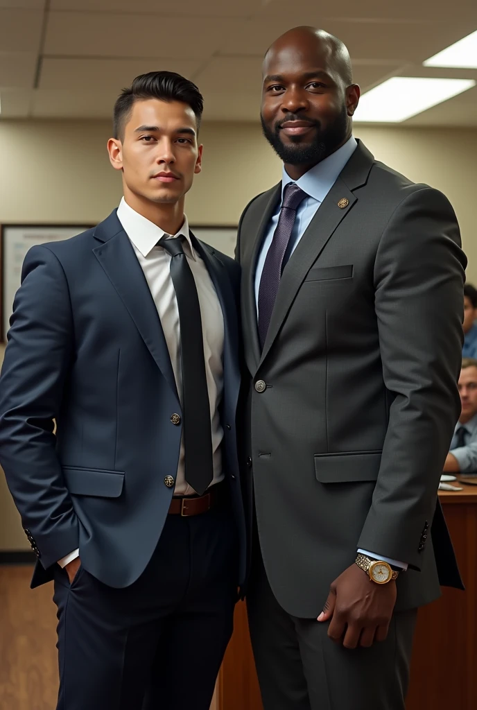 Make a boy , Student Union President 2024 , with a lot of power in his hands and a serious man's face, and who takes care of all the students at the school , make a young person , also make the school principal next to this boy , bald black man , make a of and a 5 man school principal tall bald black man , both can be powerful