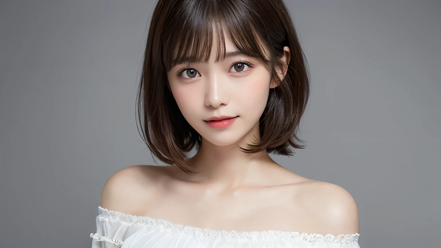 Silver Background, Full body portrait, Looks very happy, smile, One Girl, (Beautiful girl, Delicate girl:1.3), (20-year-old:1.3), (White off-the-shoulder dress), Very beautiful eyes, (Symmetrical eyes:1.3), C cup breasts, Brown eyes, Parted bangs, short hair, (Eye and facial details:1.0), (masterpiece, Highest quality, Super detailed, Detailed face, 8k)