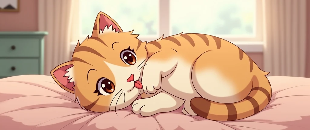 Anime ,masterpiece,best quality, Kawaii Cat licks its own hands on the bed, Studio Ghibli Inspired