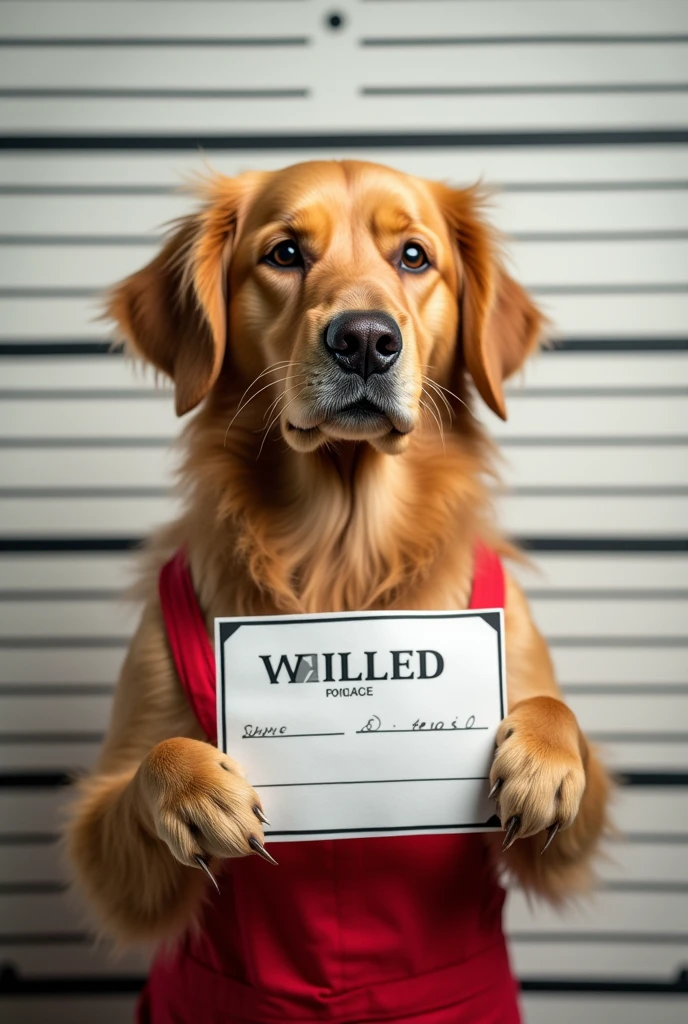 Golden retriever in red overalls taking profile photo holding paper in police mugshot