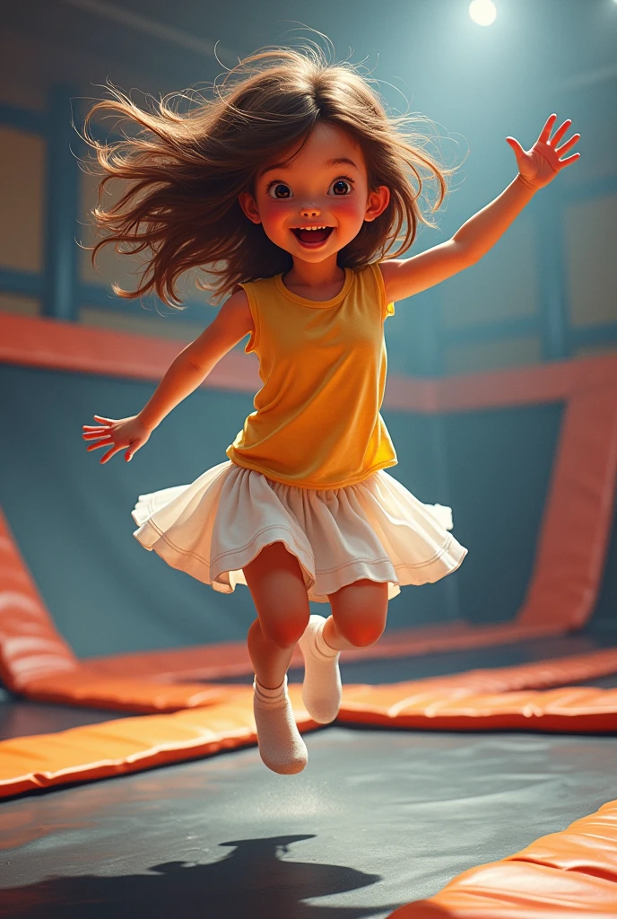 "Girl with white face and freckles, brown hair, ***, she is jumping around an indoor trampoline park , wearing a lightweight sleeveless short-length cotton dress, white cotton panties, brightly colored t-shirt, and wearing socks without shoes, smiling proudly, her skirt flies up as she does flips, her panties are revealed as she goes upside down, she’s excited about her new panties, adorable, medium: oil painting, realistic:1.37, best quality, ultra-detailed, studio lighting, vivid colors, physically-based rendering.”