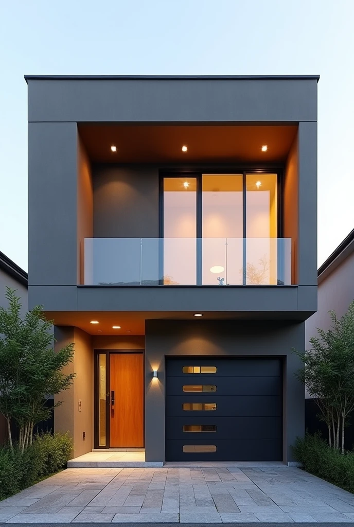 Help me create a house in contemporary architectural style with a 7 meter high facade, by 5 meters wide, in gray and caramel color, the entrance will have a sliding door with 3 glass panels, and at the top two glass windows with black frames.
