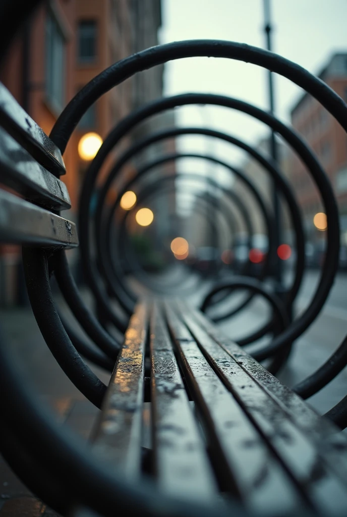 Create a white-and-bronze photograph with a unique perspective. The image should focus on a park bench captured from a low angle, looking through a series of circular metal rings that line the sides of the bench. The rings should form a tunnel-like effect, leading the viewer's eye toward a vanishing point in the distance. The bench should appear slightly wet, as if it had recently rained, with city buildings and a street visible in the blurred background. The overall mood should be atmospheric and contemplative, highlighting urban solitude