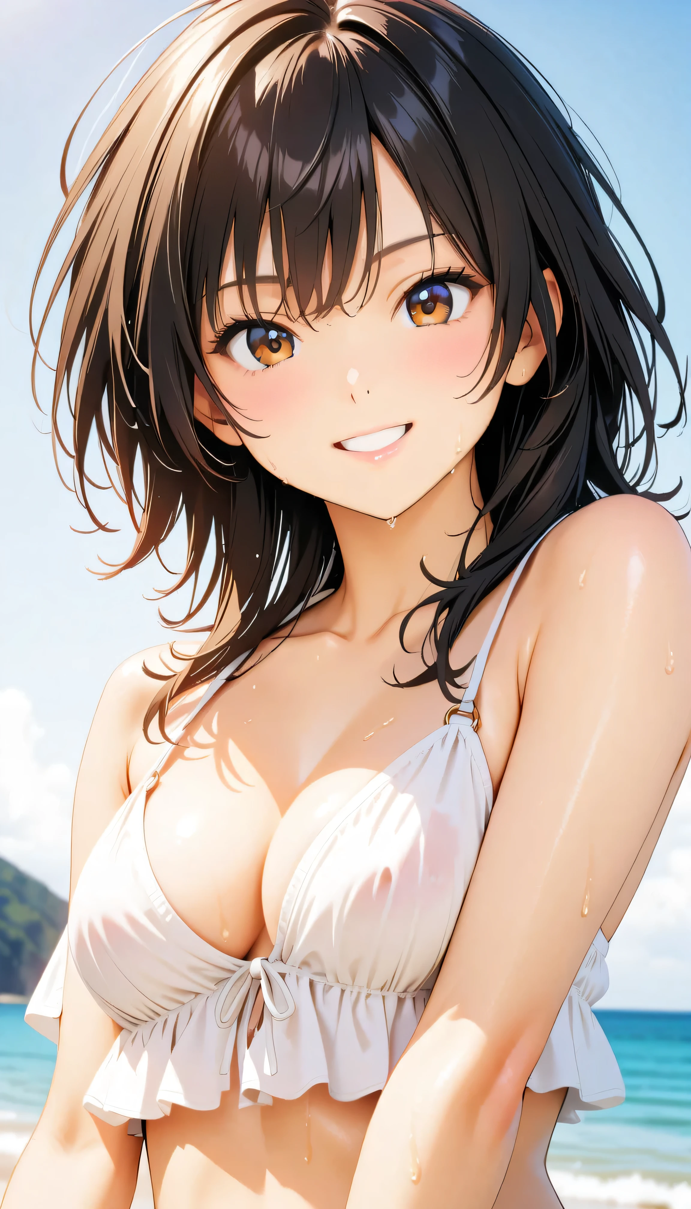 (Highest quality:1.2, Very detailed, up to date, Vibrant, masterpiece:1.2, Highest quality, Best aesthetics), smile, ((Face Up Shot:1.4)), 1980s style, 8K Ultra HD, Background Blur, smile, One Woman, Woman in bikini, Strong sunlight, Seaside, sunny, Summer sunshine, Wet Skin, Sandy Beach, Dynamic Angle, dynamic, Get excited