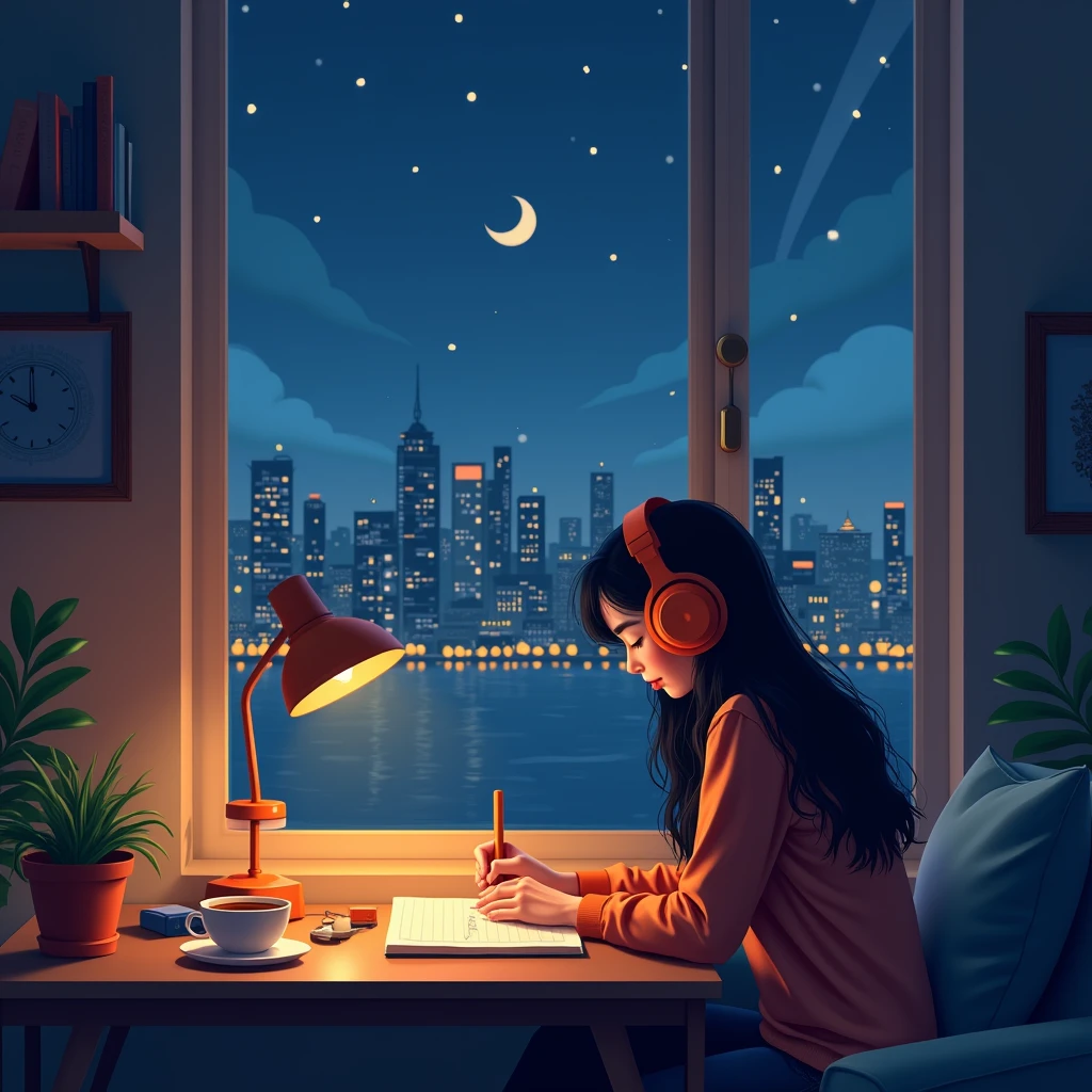 make a banner with this information: Banner description:
Main Scenario: The image depicts a cozy atmosphere at night, with a young woman sitting in front of a table. She is in a cozy room with a large window that shows a night view of a city illuminated by soft lights and a crescent moon shining in the sky.. The cityscape in the background has a lovely glow with the lights from the windows and streets, creating a perfect contrast with the interior environment.
Central Character: The young woman, with long dark hair, wears large orange headphones and is focused on writing or drawing in a notebook. His expression is calm and focused., creating an atmosphere of concentration and serenity. The soft reflection of light on the table and surrounding objects highlights the scene, making it even more engaging.
Decoration & Details: The room is decorated with simple but comfortable elements., like a green plant next to the window, A cup of steaming tea, a light fixture, and some books stacked on the table. These details add a sense of calm and relaxation., ideal for a study or creative environment.
Colors and Lighting: The color palette is composed of soft shades of blue and orange, creating a balance between the cold of the night and the heat of the interior. Lighting is delicate, with the soft glow of the moonlight and the city lights, complementing the warm and welcoming interior lighting.
texto: If you want to add text to the banner, it can be placed at the top or bottom of the image, in a simple and elegant typography. Text colors can be white or soft shades of orange to blend in with the surroundings.. Phrases like "Chill & Focus", "Relax & Create" or the channel name can be inserted to give identity to the banner.