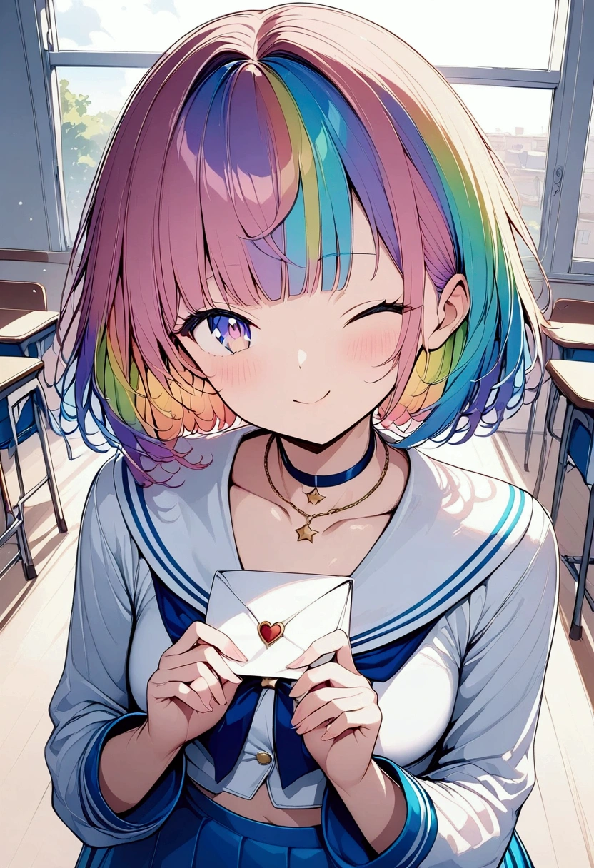 (((anime))) A woman with one eye closed,Hand over the letter,With both hands,Gal,short hair,Messy Short Bob,(Rainbow Hair),Diagonal bangs,One eye is hidden,blush,necklace,Rainbow Eyes,Big eyes,Close one eye,(((Wink)))Sailor suit,Volume sleeve,classroom,sunlight,masterpiece,Highest quality,Exquisite,8k,Absurd,Ultra-fine illustrations,(View your viewers)