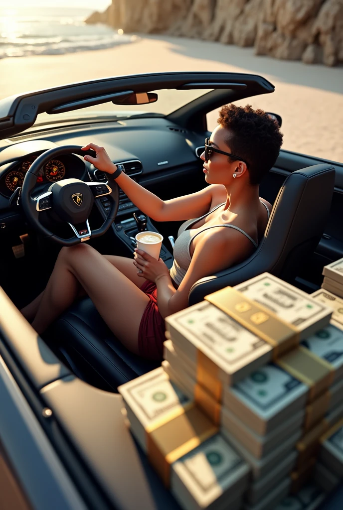 Sitting in a Lamborghini spyder having one hand on the staring and having coffee in other hand and on the having 1000 bundles of money on co-pilot seat.