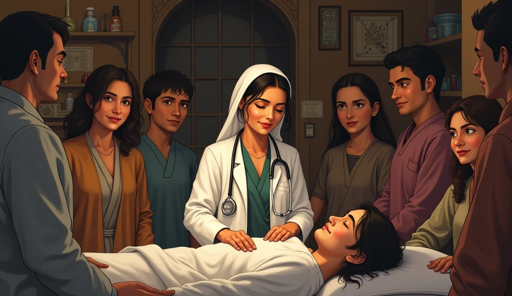 "Ramin, now a respected doctor in her village, humbly treating a patient in her clinic, surrounded by the grateful faces of villagers whose lives she has touched."