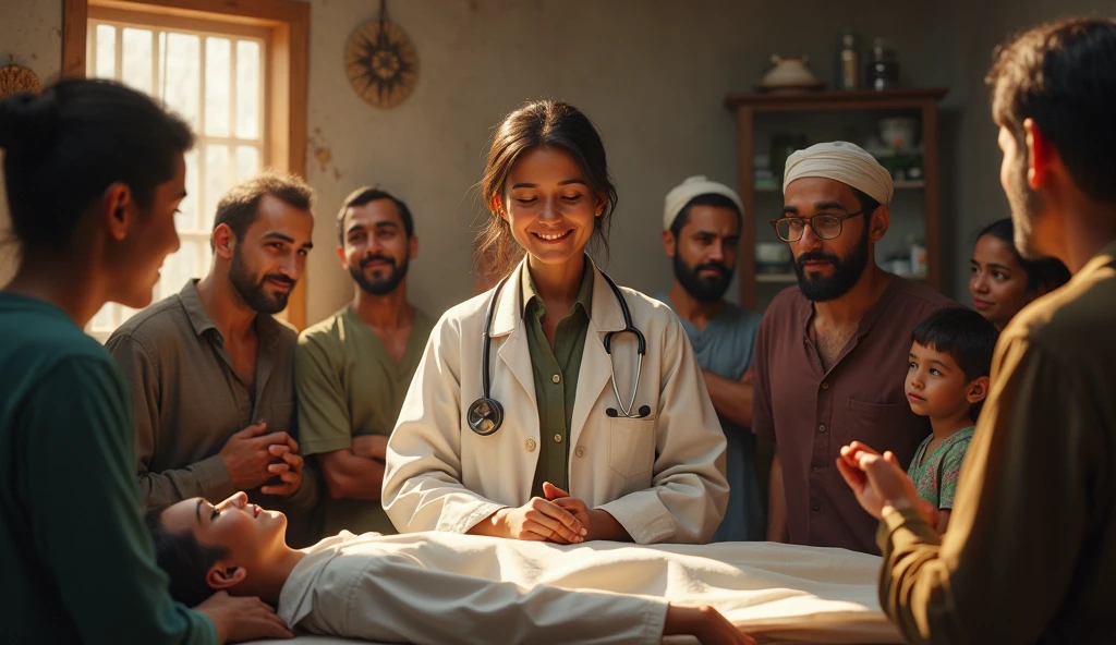 "Ramin, now a respected doctor in her village, humbly treating a patient in her clinic, surrounded by the grateful faces of villagers whose lives she has touched."